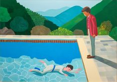 a man standing next to a painting of a pool with a boy swimming in it