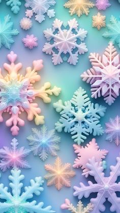 many snowflakes are arranged on a blue and pink background, with one being different colors