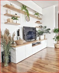 a living room with white walls and wooden floors, plants on the shelves, and a flat screen tv