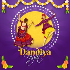 an illustration of two women dancing on the occasion of dandiya night with flowers in the background