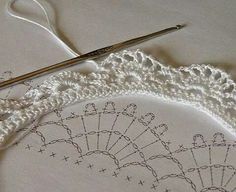 a close up of a crochet doily with a pair of scissors