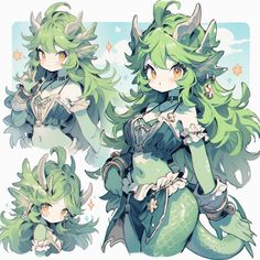 an anime character with green hair and horns