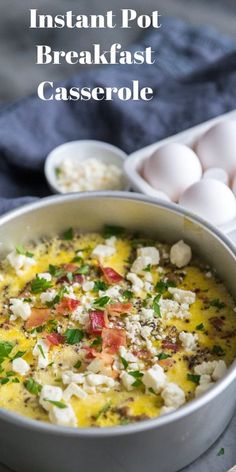 an egg and cheese casserole in a pan with the words instant pot breakfast casserole