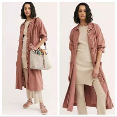 Free People Meet Me In Montauk Duster - Lightweight Linen Blend - Single-Breasted - Oversize Buttons - Duster Length - Pockets - Waist Tie - Rose Pink - Large New With Tags; No Flaws. Meet Me In Montauk, Military Trench Coat, Patchwork Coat, Duster Jacket, Military Coat, Free People Jacket, Tweed Coat, Wrap Coat, Leather Trench Coat