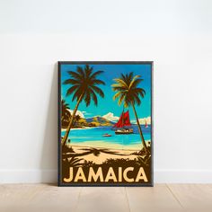 there is a poster on the wall that says jamaica with palm trees and boats in the water