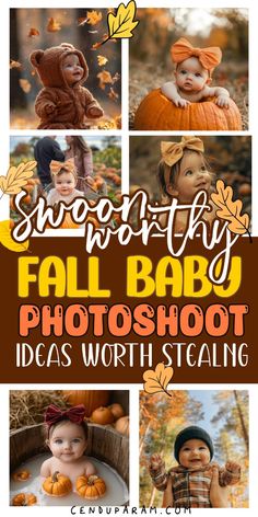 the fall baby photoshoot is shown with pumpkins and leaves