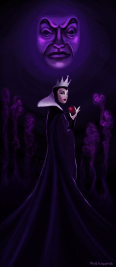 the evil queen from disney's sleeping beauty is shown in front of a purple background