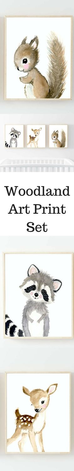 three watercolor paintings with different animals and text that reads, woodland art print set