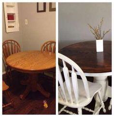 two pictures side by side one has a table and the other has four chairs in it