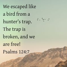 a bird flying in the sky over mountains with a bible verse written below it that reads, we escaped like a bird from a hunter's trap