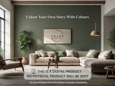 a living room with green walls and furniture in the center, there is an advertisement for color your own story with colors