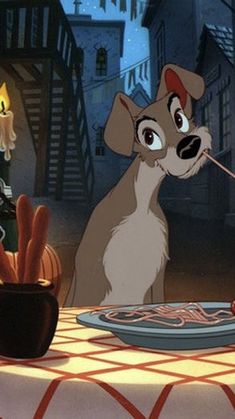 lady and the tramp eating hotdogs in front of a candlelight dinner table