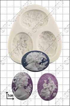 three molds with the design of an angel and flowers on them, in different colors