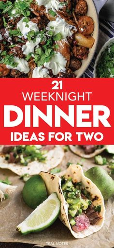 the cover of 21 dinner ideas for two, including burritos and limeade