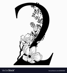 the number two with flowers and leaves in black and white colors on a white background