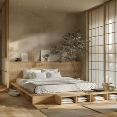 A Japandi bedroom that features cleverly concealed storage solutions, such as a bed with built-in drawers or a storage bench, maximizing space efficiency while maintaining a serene and uncluttered visual appeal Spavace Sobe, Bedroom Japanese Style, 70s Living Room, Japanese Style Bedroom, Japandi Interiors, Cozy Interior Design