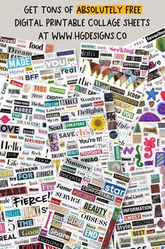 a large pile of stickers with the words, get tons of absolutely free digital printable collage sheets