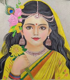 a painting of a woman with flowers in her hair and wearing a yellow sari