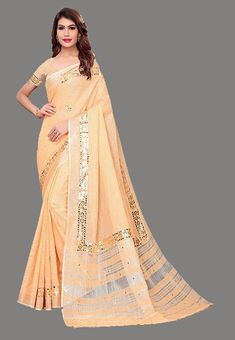 The beautiful light peach color saree is crafted with silver sequin motifs over the body, with heavy sequin work over the border. The saree is perfect for a festive look. Blouse piece attached. Latest Cotton Sarees, Peach Color Saree, Light Peach Color, Cotton Sarees Online