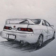 a drawing of a white car with the tail lights turned on and it's hood down