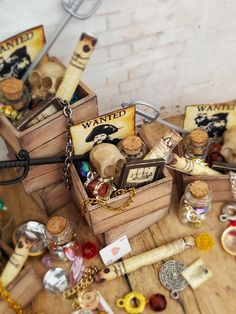 several wooden boxes filled with different types of items