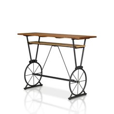 an old fashioned wooden table with wheels on the bottom and one shelf below it, against a white background