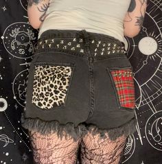 Punk studded black denim shorts  Marked as a size 30 inch size 9 *handmade and one of a kind* It takes me about 4-9 days to complete an item, hand studded, hand sewn and hand painted. There will be flaws as uneven studs or stitches Crust Shorts, Punk Shorts, Denim Shorts Women, Black Denim Shorts, Hand Sewn, Black Denim, Short Outfits, Hand Sewing, Denim Shorts