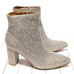 These Sparkly Rhinestone Encrusted Ankle Boots Are A Great Addition To Parties And Special Occasions New In Box Man Made Material Rhinestone Encrusted Uppers Side Zipper For Easy Shoe Removal Lightly Padded Insole Comfy Chunky Heels Heel Height: Approx 3 In. Fitting: True To Size. Regular Width Glamorous Sparkling Ankle Boots, Glamorous Winter Boots With Rhinestones, Glamorous Rhinestone Winter Boots, Ankle-high Rhinestone Heels For Fall, Ankle-high Heels With Rhinestones For Fall, Glamorous Sparkling Ankle-high Boots, Glamorous Rhinestone Heels For Fall, Glamorous Rhinestone Ankle Boots, Fall Rhinestone Ankle Boot Heels