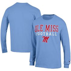 Showcase your unrelenting devotion to the Ole Miss Rebels with this Football Stack tee. Constructed by Champion, this shirt features bold Ole Miss Rebels graphics printed across the chest. The soft cotton/polyester blend and classic T-shirt design will ensure you stay comfortable all day long. Fall Fan Apparel T-shirt With Logo Print, Game Day Logo Print T-shirt For Fall, Fall Team Spirit T-shirt With Logo Print, Collegiate Long Sleeve T-shirt With Screen Print, Collegiate Long Sleeve T-shirt With Graphic Print, Collegiate Long Sleeve Graphic Print T-shirt, Collegiate Style Graphic T-shirt For Fall, Collegiate Cotton T-shirt With Lettering, Game Day Graphic Tee With Long Sleeves