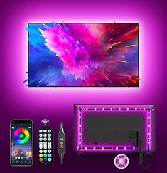 an image of a tv with remotes and other items in front of it on a purple background