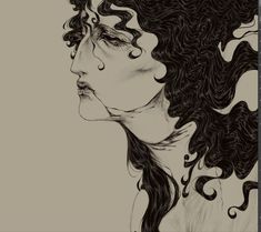 a black and white drawing of a woman with curly hair