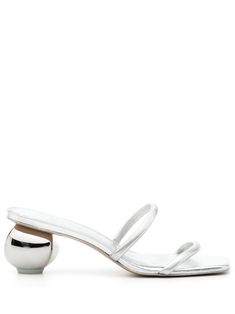 silver-tone calf leather metallic finish double-strap design square open toe slip-on style 57mm sculpted heel branded leather insole rubber outsole Tone Calves, Metallic Shoes, Design Square, Cult Gaia, Leather Mules, Strap Design, Metallic Leather, Mule Clogs, Mules Shoes