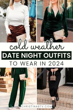 Elevate your winter date nights with the perfect blend of warmth and elegance. Discover classy date night outfits that are ideal for cold weather, ensuring you stay stylish and comfortable throughout Winter 2024. Date Night Cozy Outfit, Chic Winter Date Night Outfit, Cozy Date Night Outfit Winter, Winter Chic Outfits Night, Dressy Winter Outfits Classy, Dinner Outfits 2024, Womens Date Night Outfits Winter, Winter Anniversary Outfit Dinner, Dinner Night Outfit Classy Chic Winter