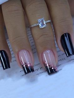 Multicolor  Collar    Color Nails Embellished   Beauty Tools Black Tips With Design, Black Nails Inspo Elegant, Fancy Nails Designs, Colorful Nails, Pink Nail, Nail Designs Glitter, Fancy Nails, Nail Arts