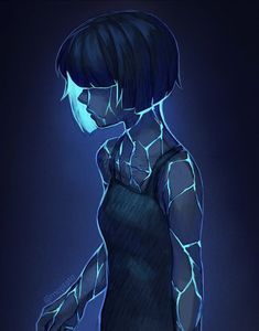 a drawing of a woman in blue light