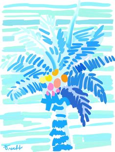 a painting of a palm tree with blue and orange colors