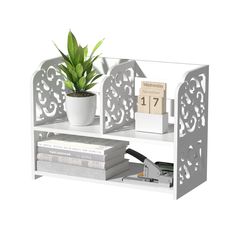 a white shelf with a potted plant and books