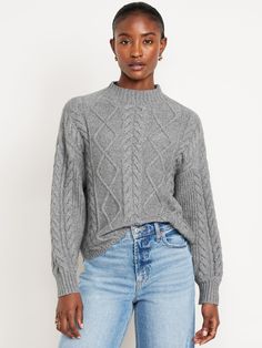 mock neck long sleeves cable-knit pattern pullover style loose fit hits at waist models are approx.  5'9" and wear sizes s (4), l (12), and xl (18)machine wash according to the care instruction label  . Best Holiday gift for Women , perfect Sweaters for Christmas! Hairstyles Platinum Blonde, Gray Sweater Outfit, Thrift Inspiration, Grey Sweater Outfit, Cropped Cable Knit Sweater, Grey Cable Knit Sweater, Cable Knit Sweater Womens, Textured Knit Sweater, Grey Knit Sweater