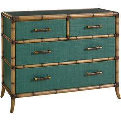 a green bamboo dresser with three drawers and brass pulls on the bottom, against a white background