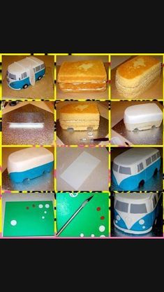 there are many different cakes that have been made to look like trains and buses on them