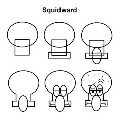 four different shapes with the words squidward written below them in black and white