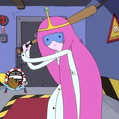 a cartoon character with pink hair holding a baseball bat