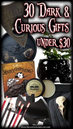 the cover of 30 dark & curious gifts under $ 30 is shown with an assortment of items