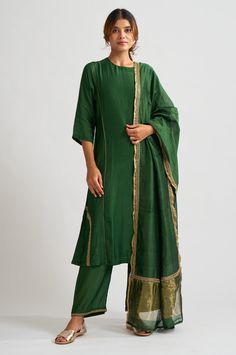 Dot-Mridini Emerald Green Kurta Set-INDIASPOPUP.COM Luxury Green Unstitched Straight Kurta Suit, Angrakha Kurta, Kurta Palazzo Set, Green Thread, Kurta Palazzo, A Line Kurta, Palazzo Set, Suits Design, Indian Fashion Designers