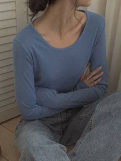 Bleu azur Casual Collar Manches longues Étoffe Unicolore  Embellished Élasticité moyenne Looks Party, Scoop Neck Tee, Trend Fashion, Casual Style Outfits, Mode Inspiration, Aesthetic Outfits, Outfits Casuales, Cute Casual Outfits, Classy Outfits