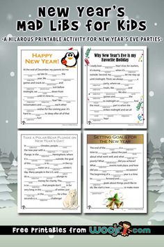 the new year's mad libs for kids printable activity is shown here