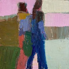 an abstract painting of two people walking in front of a pink and blue background with horizontal stripes