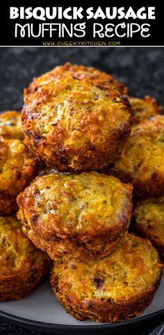 some muffins are stacked on top of each other with the words biscuit sausage muffins recipe