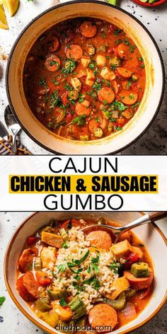 two pictures showing different types of stews and vegetables in a bowl, with the words cajun chicken & sausage gumbo