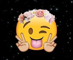 a smiley face with flowers on it's head and hands in front of stars